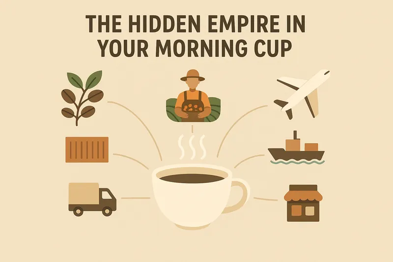 Coffee beans in hands with global trade routes overlay